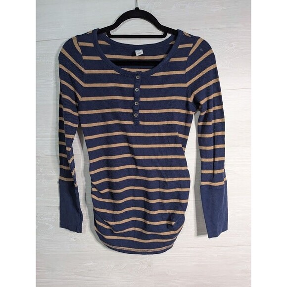 Old Navy Tops - Old Navy Maternity Small S Navy Blue Tan Striped Waffle Knit Henley Ruched Shirt